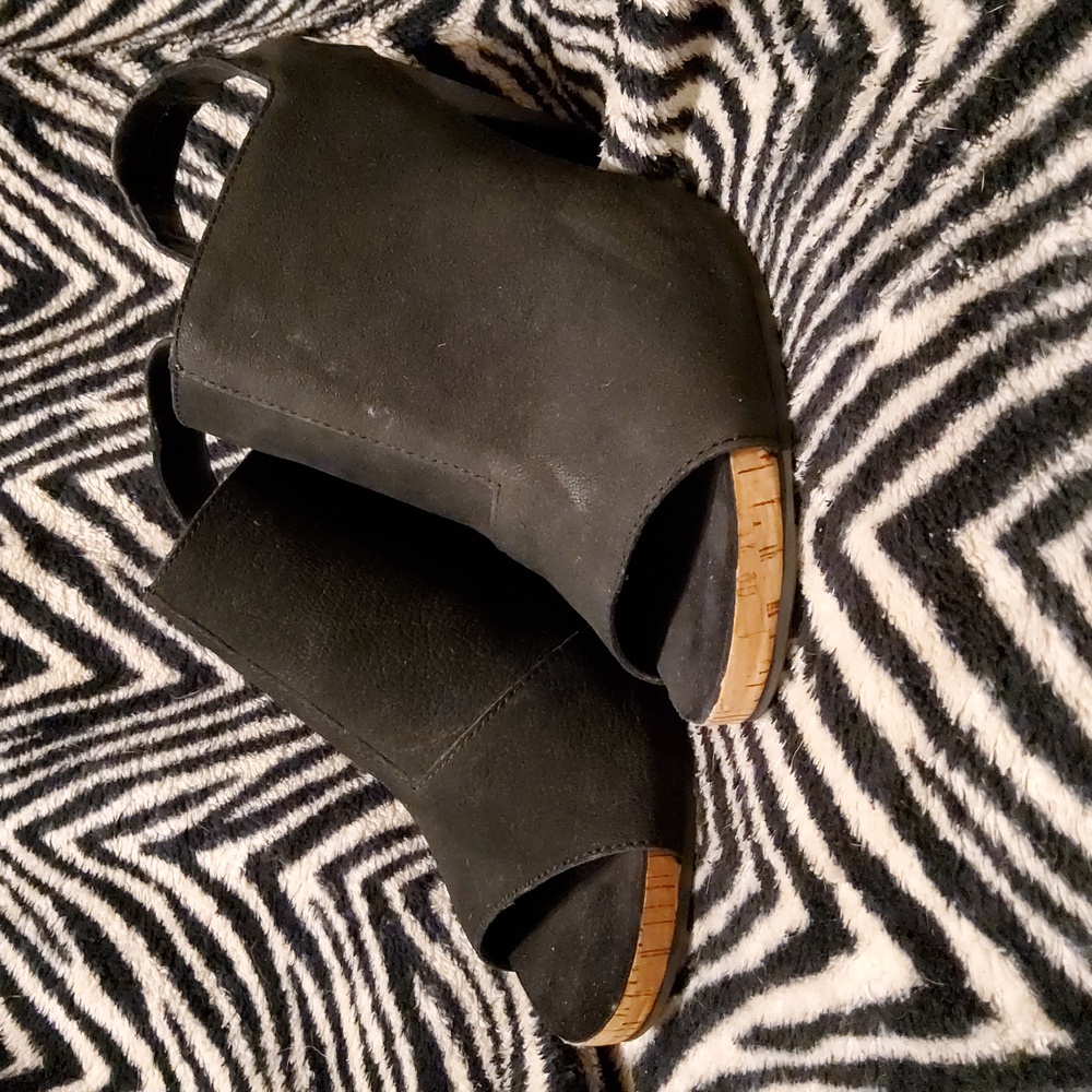 Black leather, sling back ankle boots with peep toe